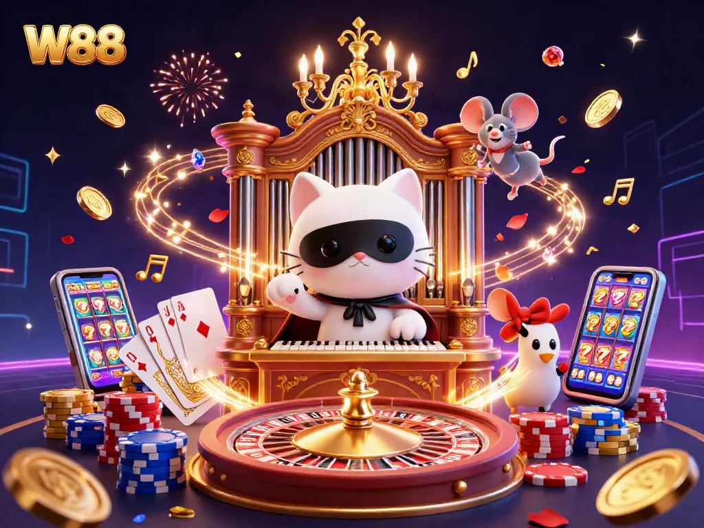 Win big with W88 in this vibrant casino illustration featuring thrilling gaming action!