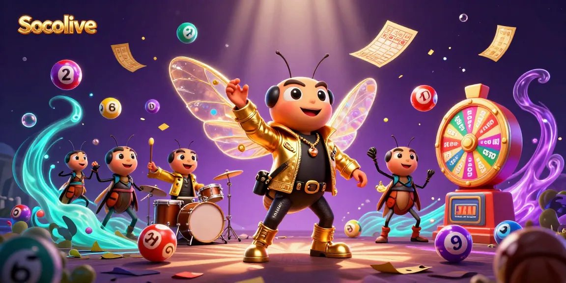Socolive showcases a vibrant casino scene with an electric cicada rock star, dynamic lottery elements, and excitement in the air.