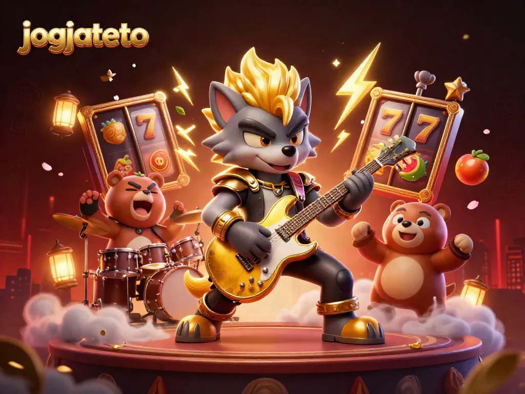 Engage with jogjatoto's vibrant gaming scene featuring rock star elements, slot reels, and lively characters.