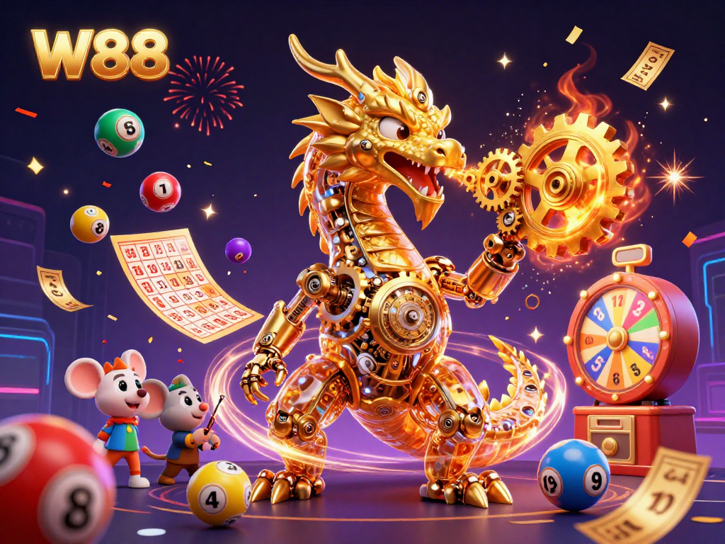 Experience excitement with W88 in this vibrant casino-themed 3D illustration featuring a golden dragon.