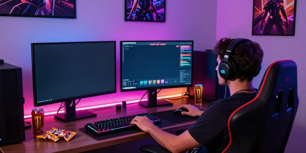 Gamer di ruang permainan modern dengan monitor menampilkan permainan harum4d yang menarik.