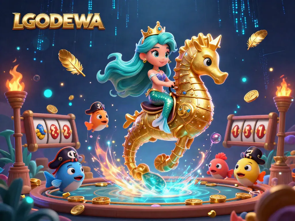 Experience the excitement of LGODEWA with a vibrant mermaid-themed casino illustration featuring a seahorse and game elements.