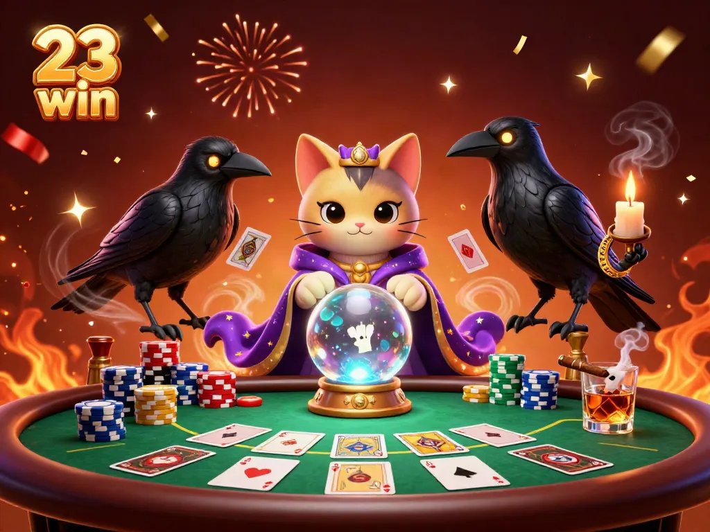 Play poker and win at 23 win casino, featuring a mystical cat and raven engaging in a vibrant scene.