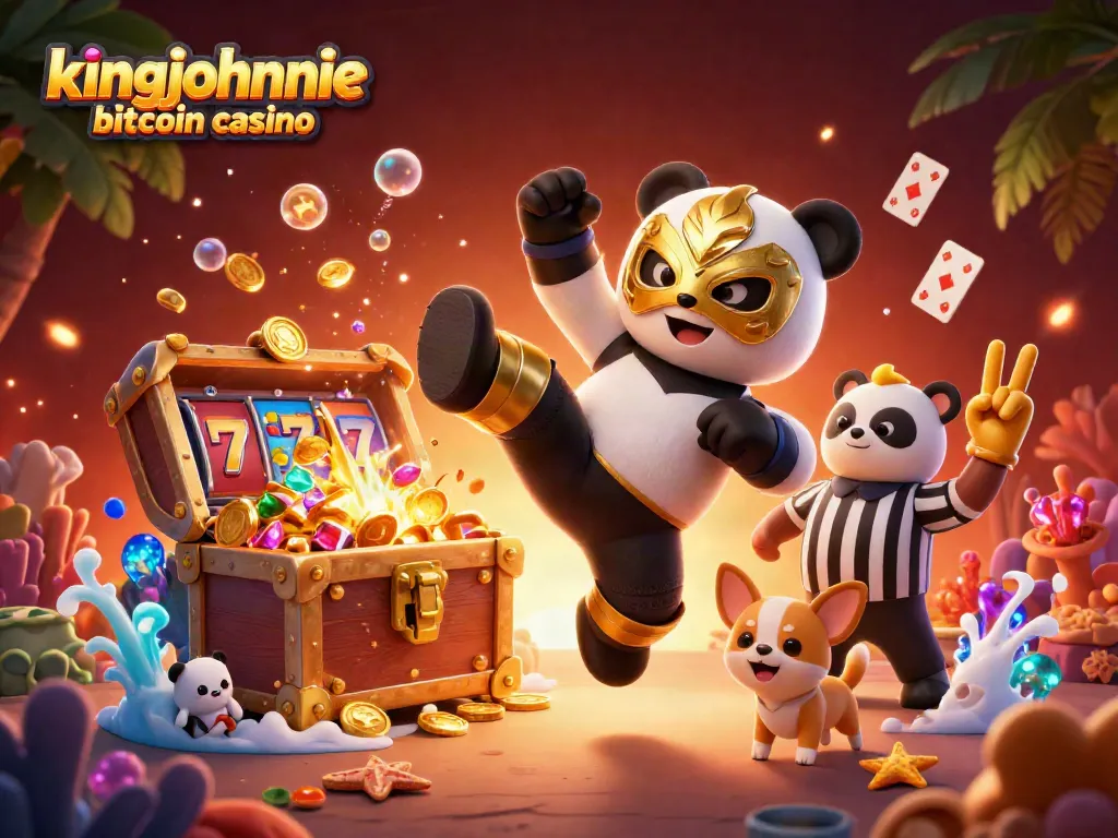 Experience the thrill of kingjohnnie bitcoin casino in a lively illustration featuring characters engaging in vibrant casino action.