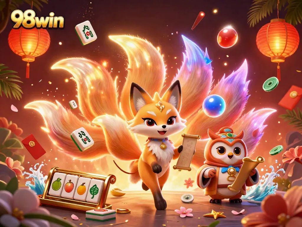 Engage in thrilling gameplay with 98win's dynamic casino scene featuring vibrant characters and exciting game elements.