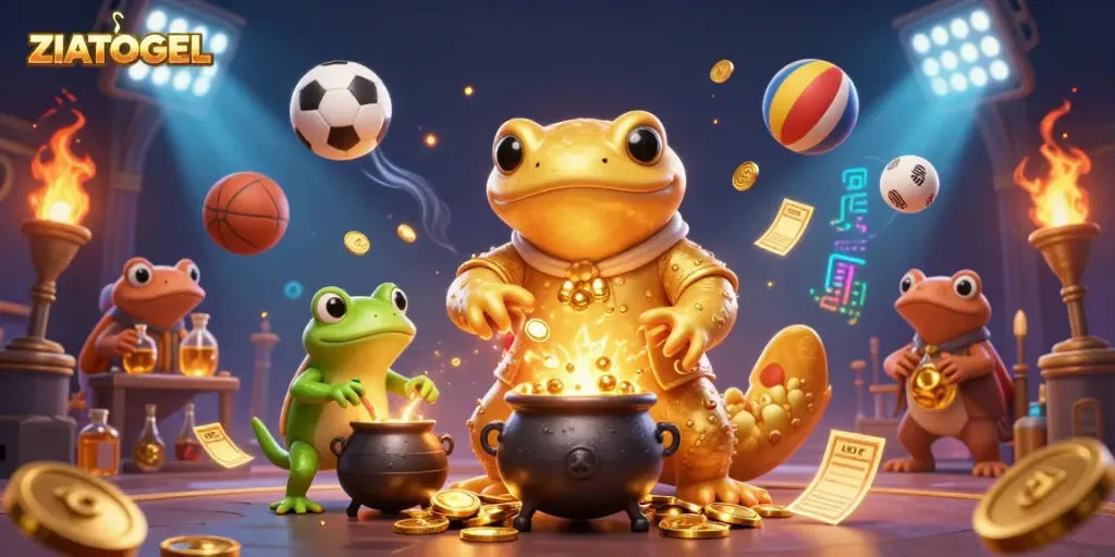 Experience exciting gaming at ZIATOGEL with a vibrant 3D illustration featuring sports themes and alchemical elements.