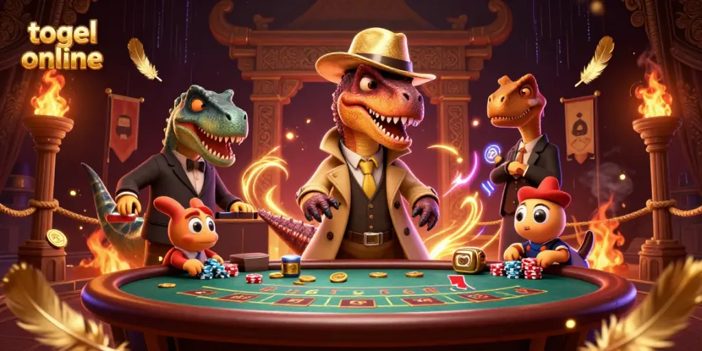 Menggoda pemain togel online sambil mencuri chip, ilustrasi kartun 3D yang menggambarkan makhluk dino dalam suasana kasino.
