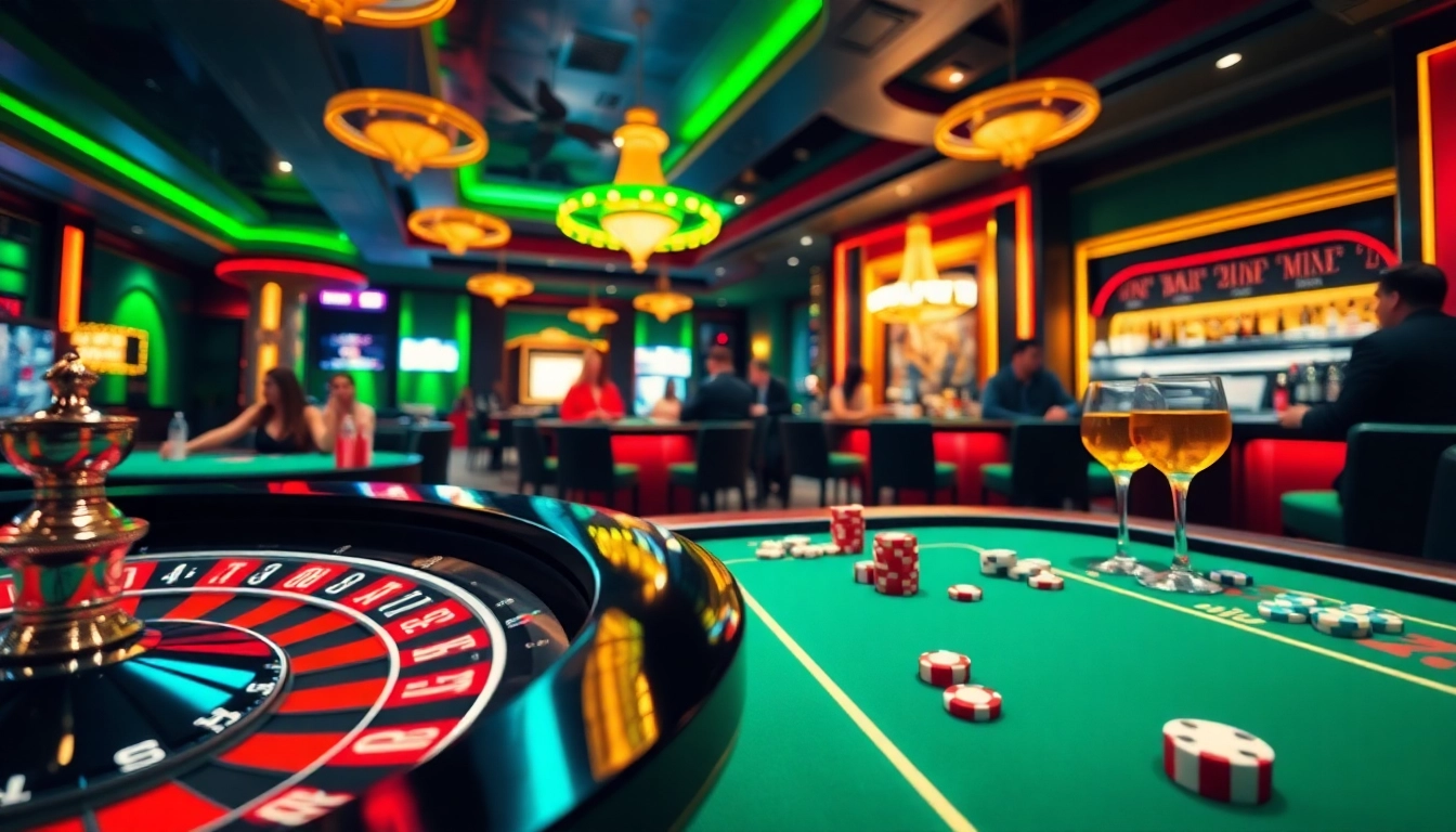 Permainan di kasino tunai 138 dengan pemain, meja roulette, dan cahaya neon yang cerah.