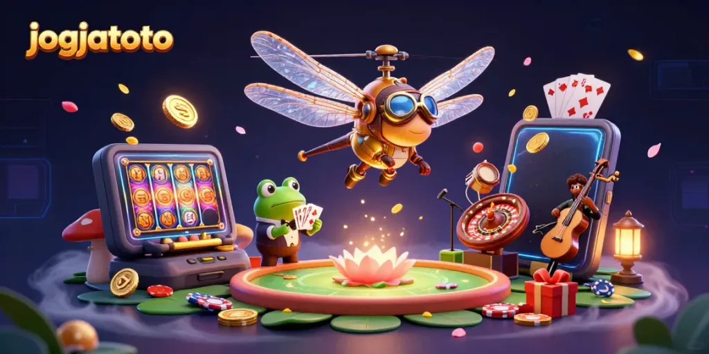 Engage in fun gaming on jogjatoto with vibrant characters in a dynamic casino scene.