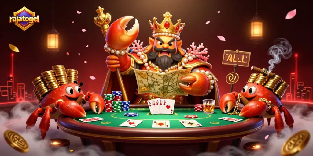 Engage in thrilling games at rajatogel with a vibrant scene of a golden crab emperor revealing poker strategies.