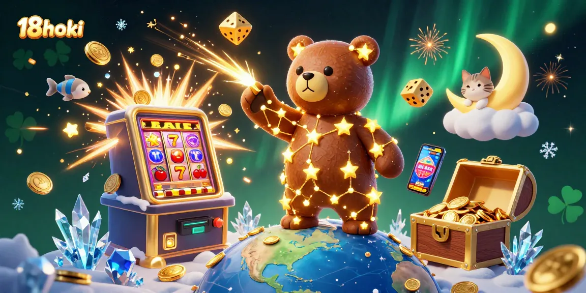Spin to win at 18hoki with a vibrant scene bursting with slot machines and cosmic characters!