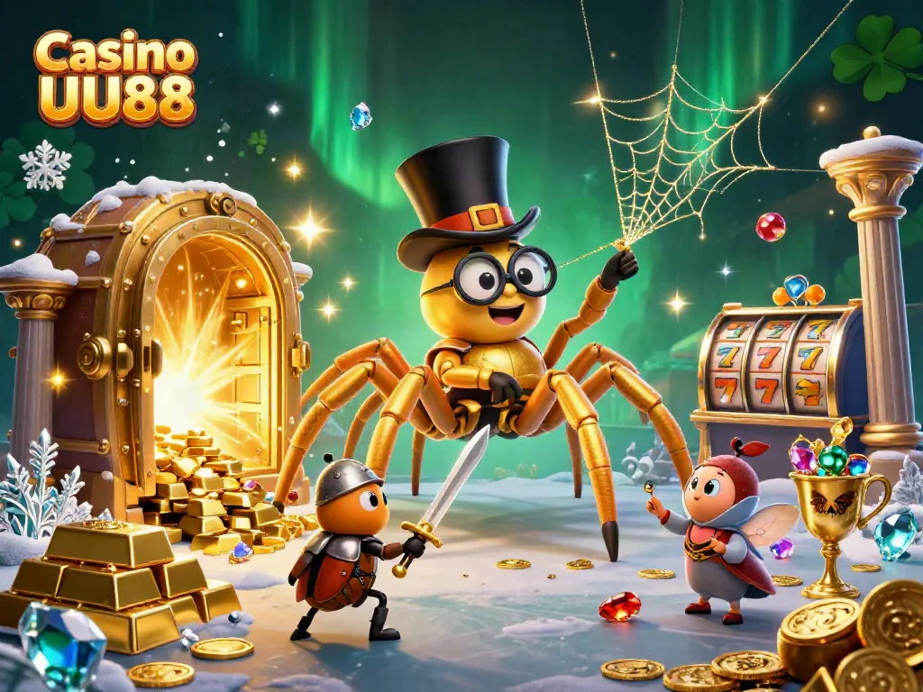 Experience the excitement at Casino UU88 with a captivating 3D illustration of a golden tarantula, beetle knight, and vibrant casino elements.