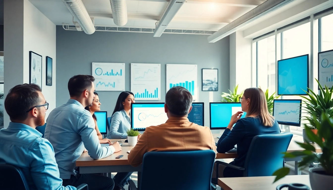 Menampilkan demo slot di kantor modern dengan tim pemasaran digital yang berkolaborasi.