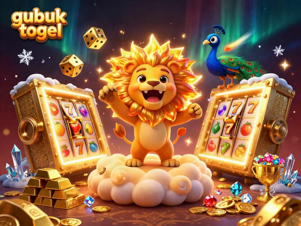 Gubuk togel menyajikan tampilan menarik dengan simbol slot dan singa yang berapi-api.