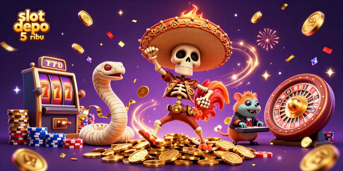 Celebrate wins at slot depo 5 ribu with a dynamic 3D casino illustration showing vibrant characters and exciting games.