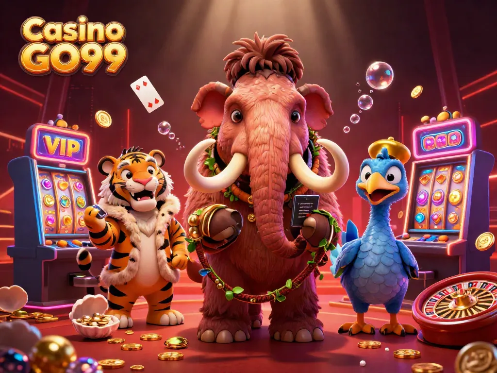 Experience the vibrant excitement of Casino GO99 with animated casino characters surrounded by gaming elements.