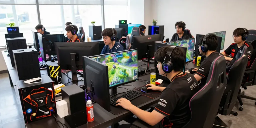 Penggemar kingliga bermain di turnamen esports dengan peralatan gaming canggih.