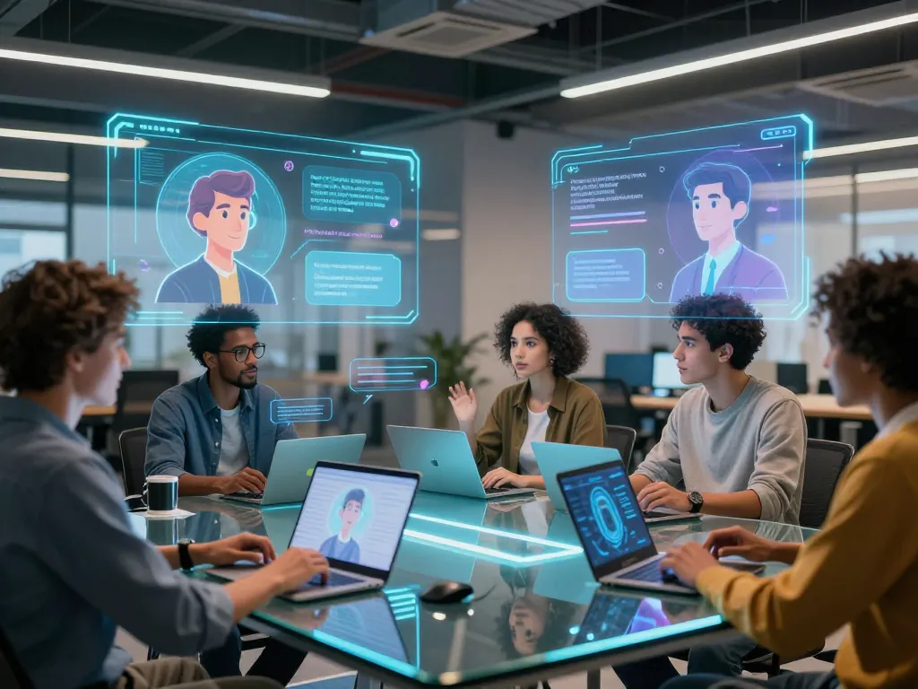 Interactive CrushOn IA chat experience with diverse users and AI avatars in a modern tech workspace.