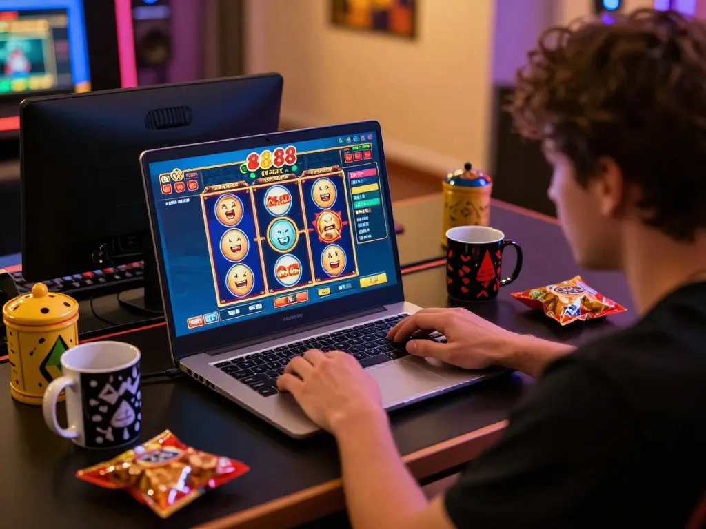 Excited player engaged with slot88 resmi game on laptop, showcasing vibrant online casino action.