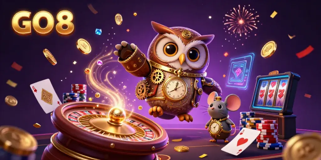 Experience the thrill of GO 8 with a vibrant casino-themed illustration featuring steampunk characters and dazzling game elements.