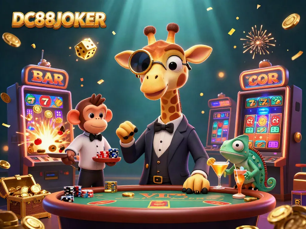 Experience the thrilling games at DC88JOKER with a high-roller giraffe and charming casino elements.
