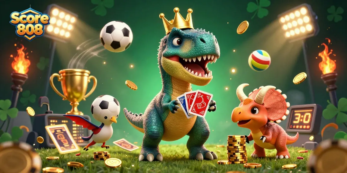 Experience the excitement of Score 808 with our dynamic cartoon scene showcasing a T-Rex, pterodactyl, and triceratops in a vibrant sports-themed setting.