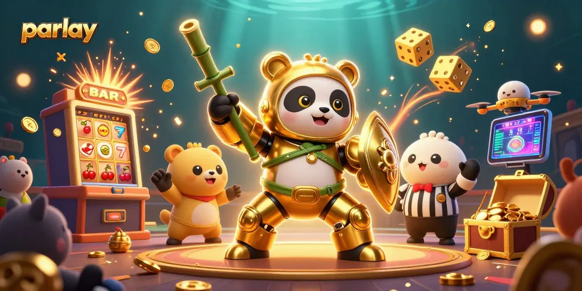Engage with parlay betting strategies amid a vibrant casino scene featuring golden panda and exciting game elements.