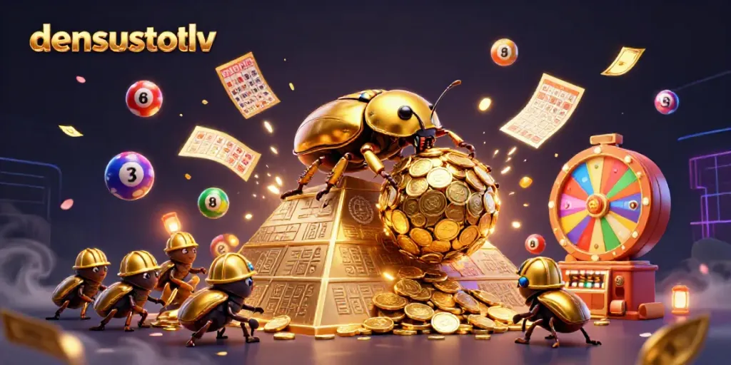 Catching vibrant lottery balls and golden prizes with densustotolv in this dynamic casino scene.