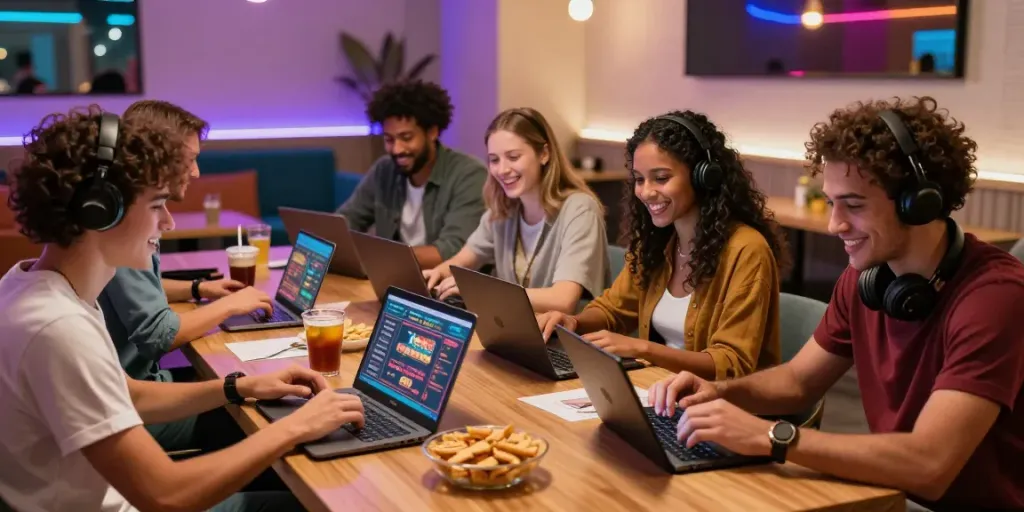 Friends enjoying online casino games with 2up login in cozy lounge.