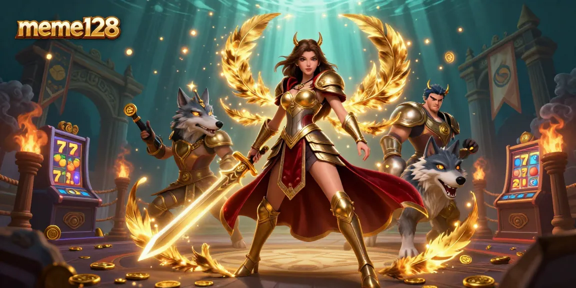 Join the action at meme128 with a warrior queen and armored wolf amidst slot game excitement.