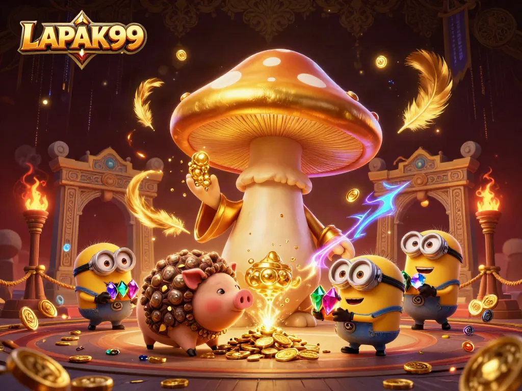 LAPAK99 showcases a fantasy scene with a golden mushroom wizard and treasure elements, enhancing gaming excitement.
