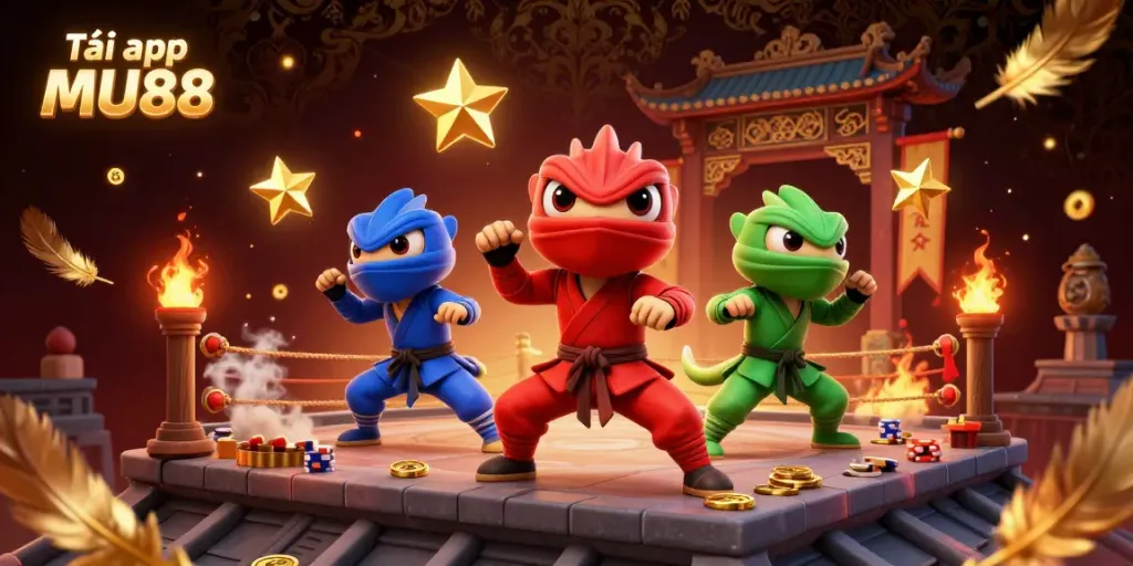 Experience Tải app MU88 with dynamic ninja chameleons in action, surrounded by casino-themed elements.