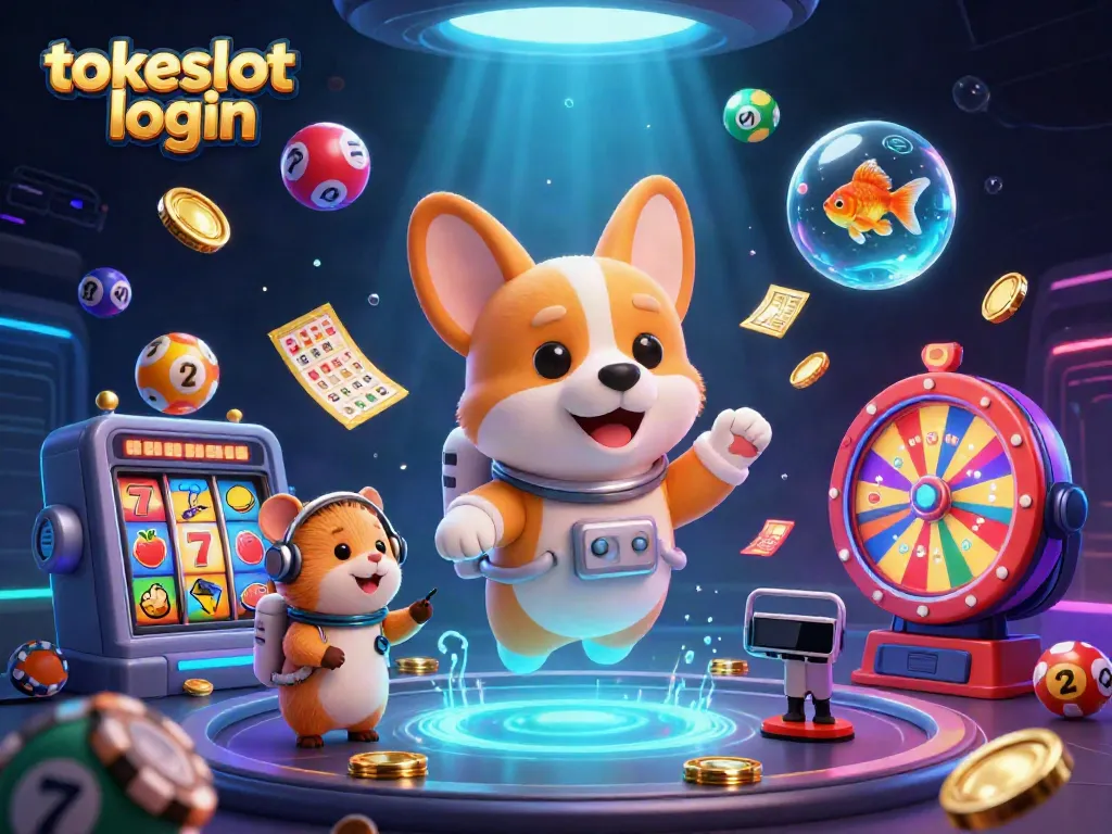 Experience the excitement of tokeslot login with an astronaut corgi floating in a vibrant casino.