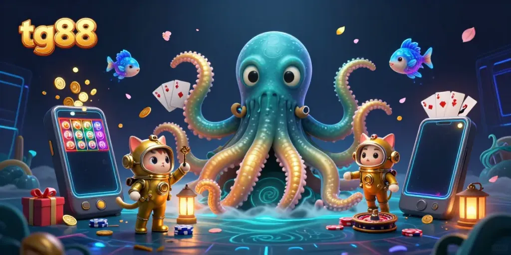 Experience thrilling wins at tg88 with a kraken, diving cat, and vibrant game elements in a rich 3D illustration.
