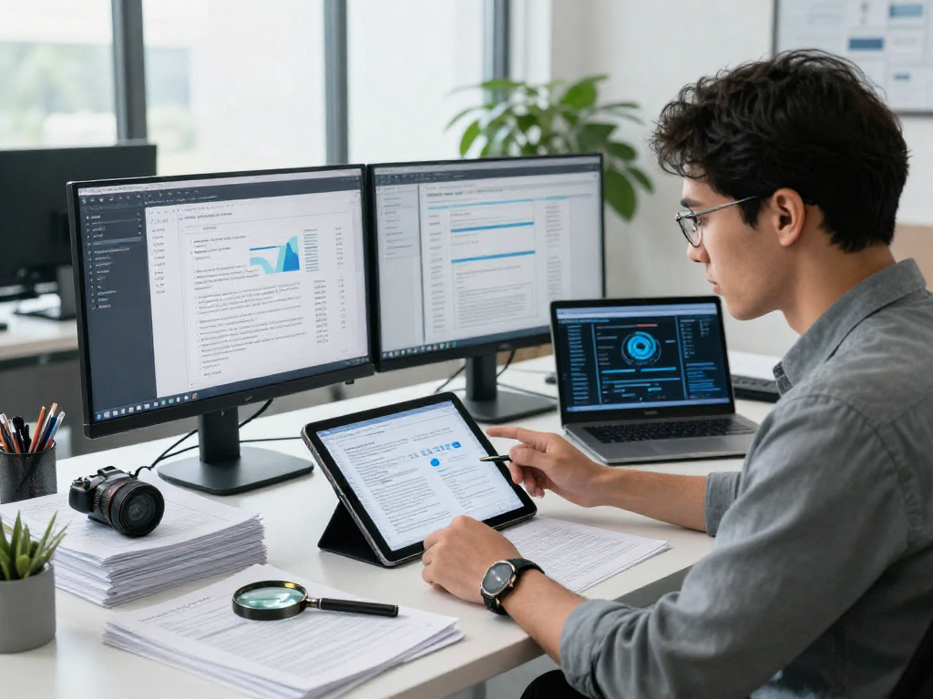 Analyzing document fraud detection in a modern office with advanced security tools and analytics.