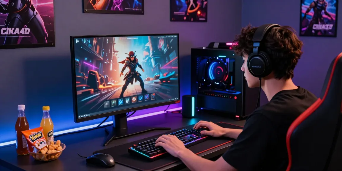 Engaged user playing CIKA4D on a high-resolution gaming monitor with accessories in a stylish gaming room.
