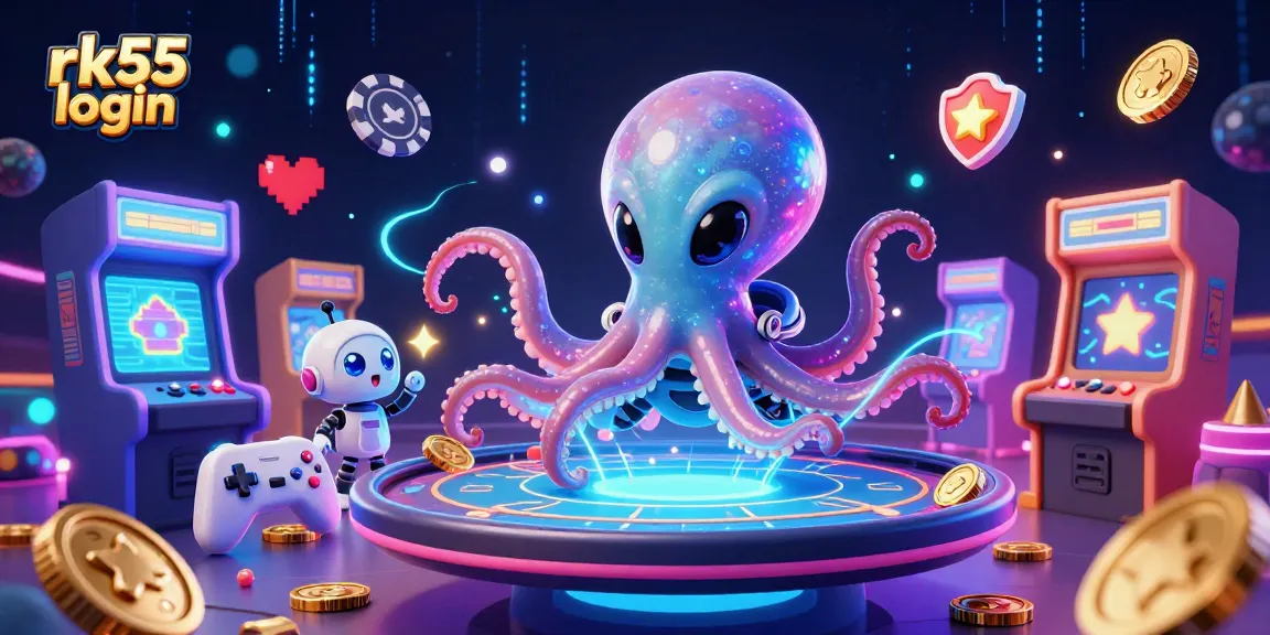 Engage in rk55 login action with a cosmic octopus at a holographic poker table amidst vibrant gaming elements.