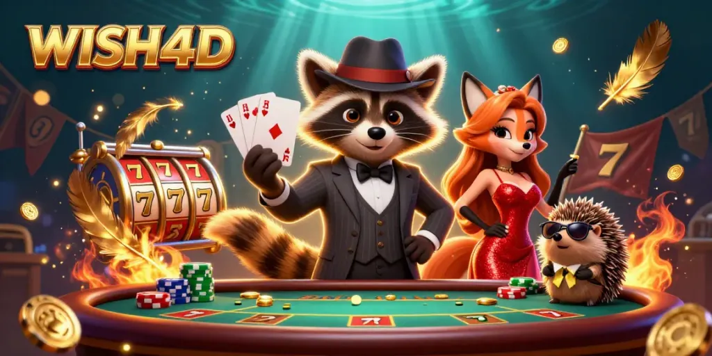Experience the thrill of WISH4D with a raccoon, fox, and hedgehog in a vibrant casino scene.