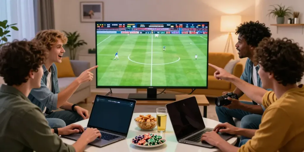 Teman berkumpul menonton pertandingan sepak bola di kantorbola sambil bertaruh online.