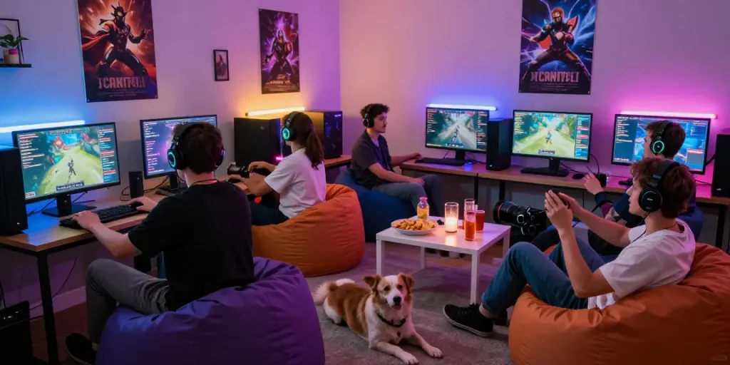 Temankan permainan natunatoto dengan teman-teman di ruangan gaming yang ceria.