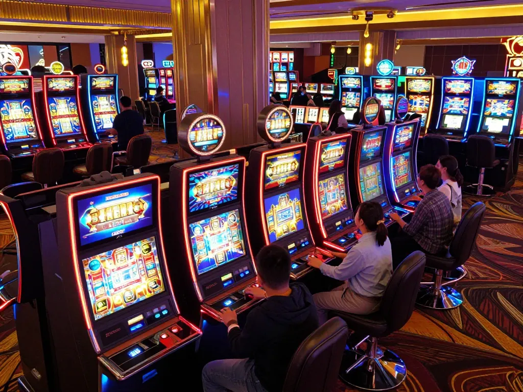 Players spinning slots at vibrant machines in a lively casino atmosphere