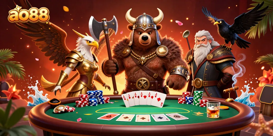Experience the excitement of ao88 poker with a Viking bear and Valkyrie eagle in a rich, dynamic scene.