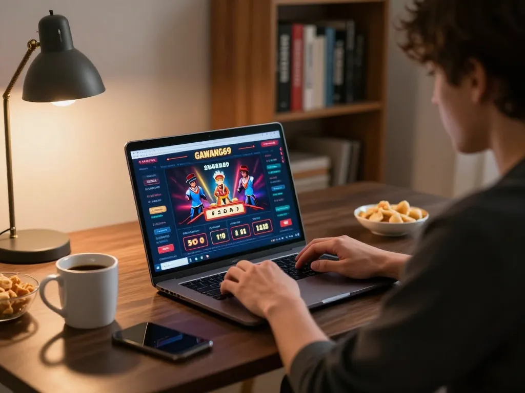 Player enjoying GAWANG69 online casino experience on a laptop at home.