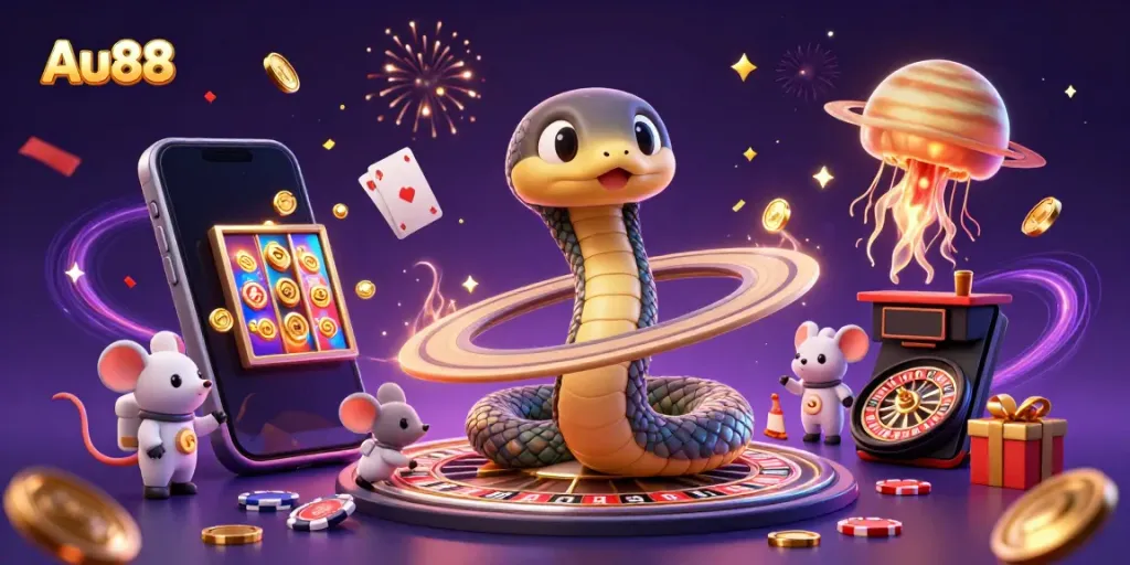 As astronauts place bets on a roulette wheel amidst vibrant colors, Au88 invites players to game.