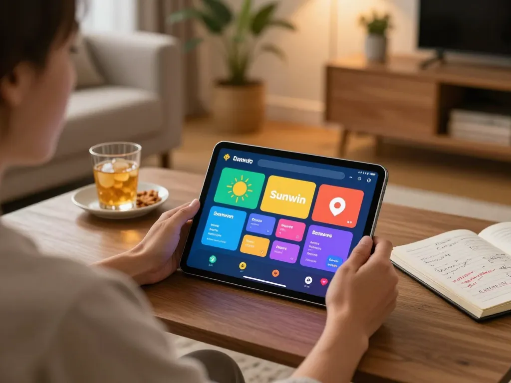 Engaging in online gambling with the sunwin app on a cozy tablet setup, promoting responsible gaming.