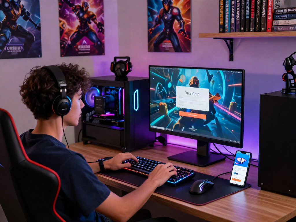 Antarmuka yumetoto login di ruang bermain modern dengan pengaturan gaming yang stylish.