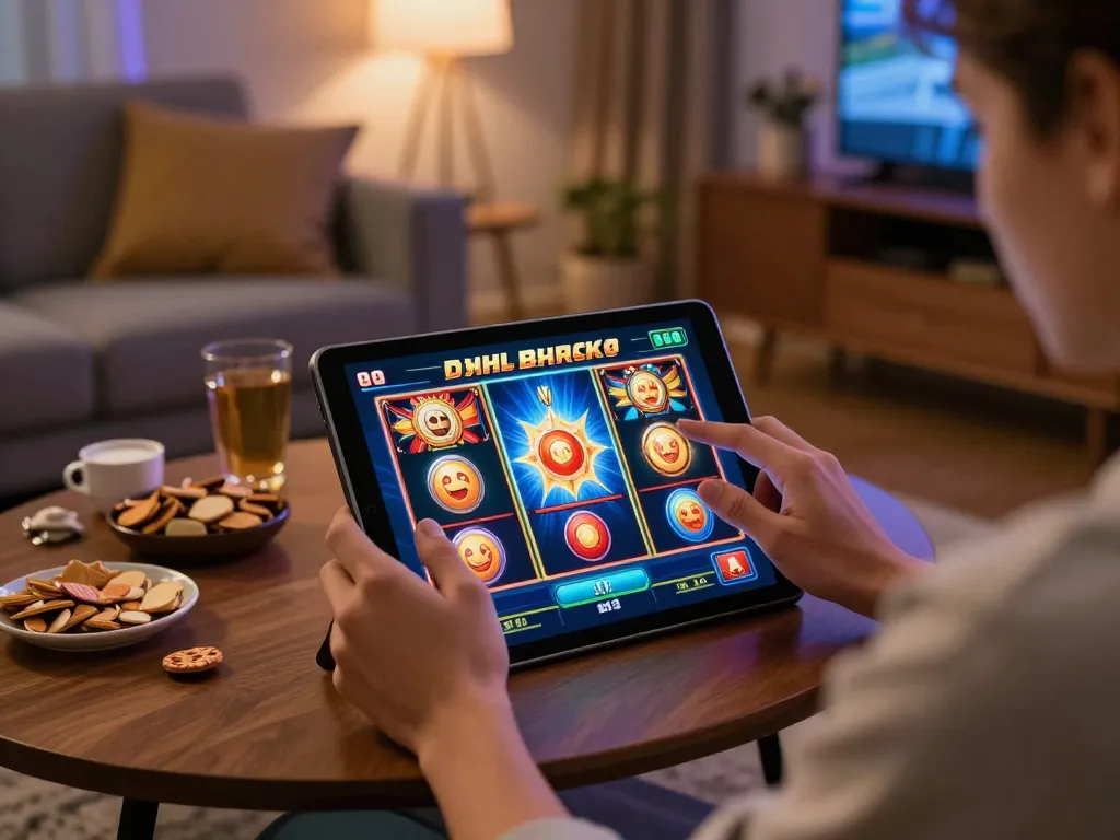 Player enjoying an interactive slot game on tablet in a cozy home setting