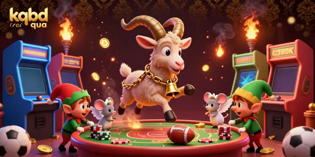 KQBD dem qua display with a festive Krampus goat in a football casino, angel mouse, and elf gremlins stealing chips.