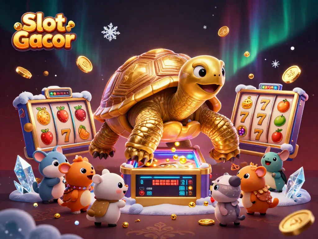 Slot Gacor menghadirkan momen bermain slot dengan simbol keberuntungan dan karakter lucu di sekitarnya.