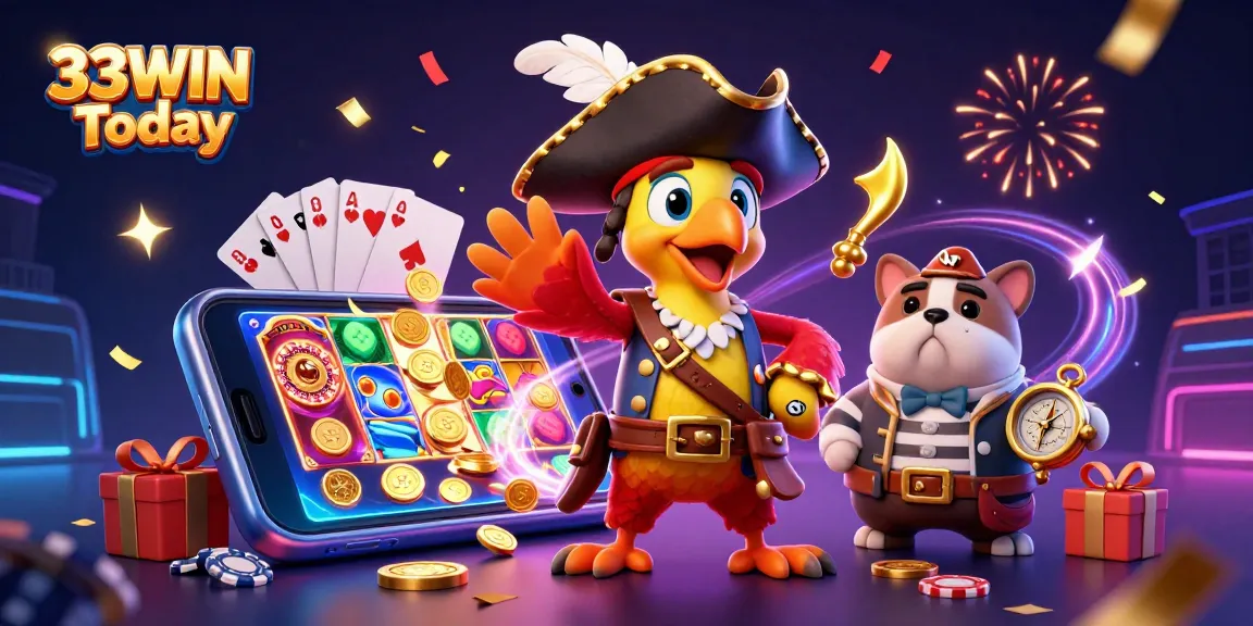 Engage in thrilling games at 33WIN Today with a vibrant illustration of a pirate captain, bulldog, and navigator in a casino scene.